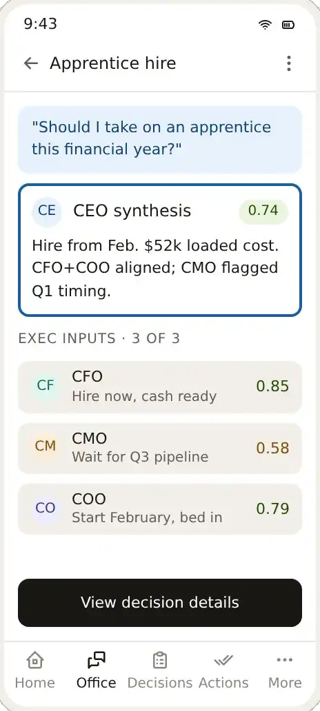 Office Hours mobile: an office hours session showing the CEO synthesis and each executive's input on the apprentice question