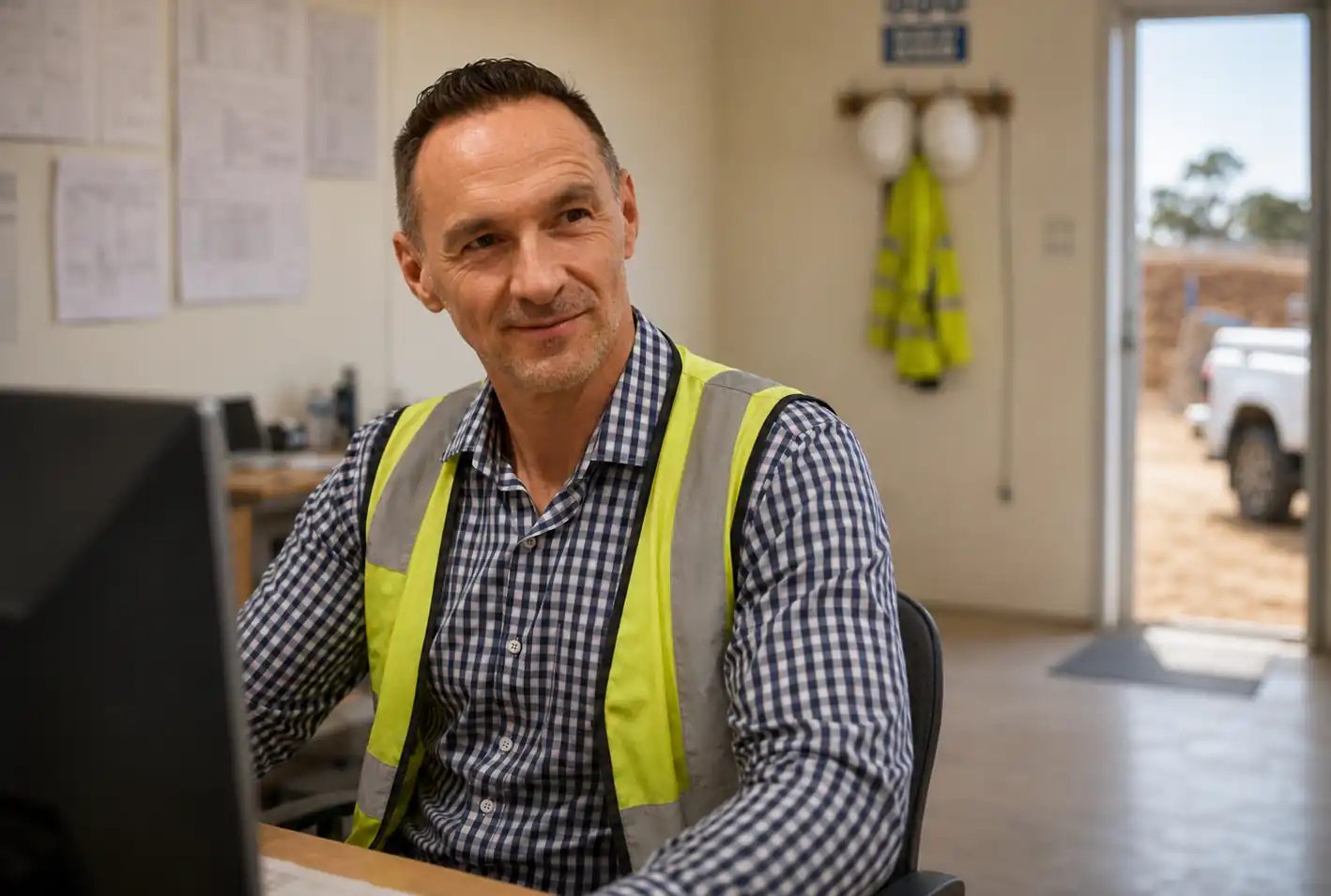 Tee Carter, founder of Office Hours, at his desk in a site office wearing a hi-vis vest